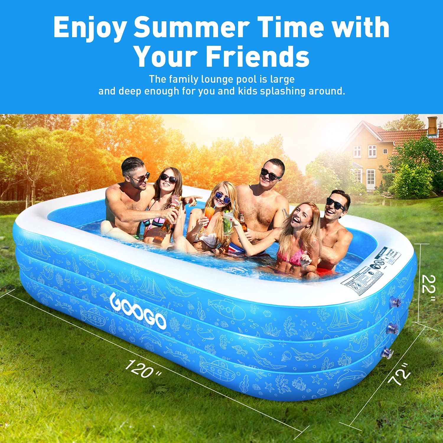 Googo Inflatable Pool 120"x72"x22", Family Full-Size Swimming Pool for Garden, Backyard, Summer Water Party